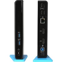 Black i-tec USB 3.0/USB-C docking station with dual HDMI ports, USB ports, Ethernet, and blue base stand.