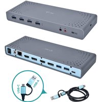 Gray i-tec docking station with USB 3.0, USB-C, Thunderbolt 3 ports, Ethernet, HDMI, and audio jacks.