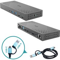 Gray i-tec docking station with USB 3.0, USB-C, Thunderbolt ports, and power delivery, includes USB-C to USB-A cable.