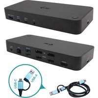 Black i-tec docking station with USB 3.0, USB-C, Thunderbolt ports, and 100W power delivery, includes USB-C cable.