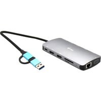 Silver i-tec USB 3.0 dock with USB-C, Thunderbolt ports, LAN, and HDMI, featuring a sleek metal design and attached cable.