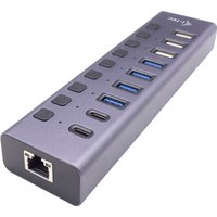 Gray i-tec USB-A/USB-C hub with 9 ports, LAN port, and power adapter, featuring a sleek rectangular design.