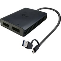 Black i-tec USB-A/USB-C dual 4K/60 Hz DisplayPort adapter with two ports and attached cable.