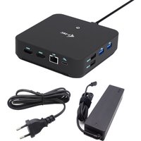 Black i-tec USB-C docking station with dual HDMI ports, power delivery, and universal charger with cables.