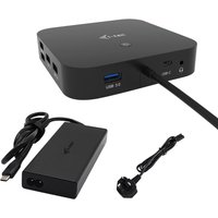 Black i-tec USB-C docking station with multiple ports, power delivery, and a matching universal charger with cables.
