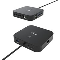 Black i-tec USB-C docking station with dual display ports, Ethernet, USB ports, and power delivery cable.