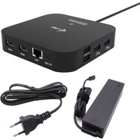 Black i-tec USB-C docking station with dual HDMI ports, Ethernet, USB ports, power delivery, and universal charger.