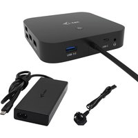 Black i-tec USB-C HDMI Dual DP Docking Station with multiple ports, power delivery, and a universal charger with cables.
