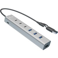 Silver i-tec USB-C/USB-A Charging Metal HUB with 3 USB-C ports, 4 USB-A ports, and attached cable.