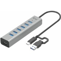 Silver i-tec USB-C/USB-A 7 Port Charging Hub with rectangular design, blue USB ports, and attached black cable.