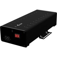 Black rectangular i-tec USB-C/USB-A hub with 20 USB-C ports, metal casing, and red power switch.