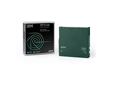 IBM Ultrium 9 Data Cartridge in a green plastic casing, packaged in a clear box featuring a black and teal design with a spiral graphic and product details.