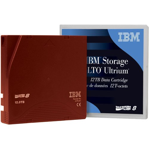 Red IBM LTO Ultrium-8 data cartridge with a capacity of 12TB/30TB, accompanied by a blue and white storage case featuring the IBM logo and product details.