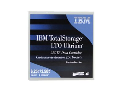 IBM LTO Ultrium 6 data cartridge in a blue and silver packaging, labeled with "IBM TotalStorage" and specifications for 2.5/6.25 TB capacity.