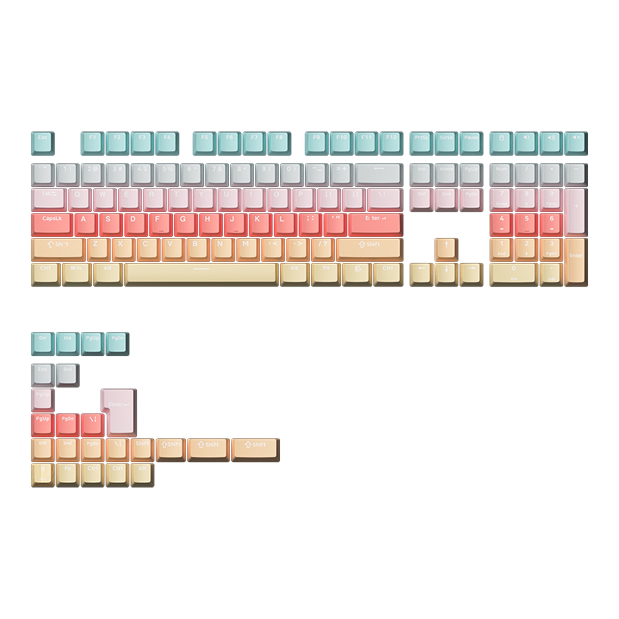 Colorful ice cream-themed keycap set featuring pastel shades of blue, pink, and cream, with a glossy finish and a variety of key shapes for a 132-key layout.
