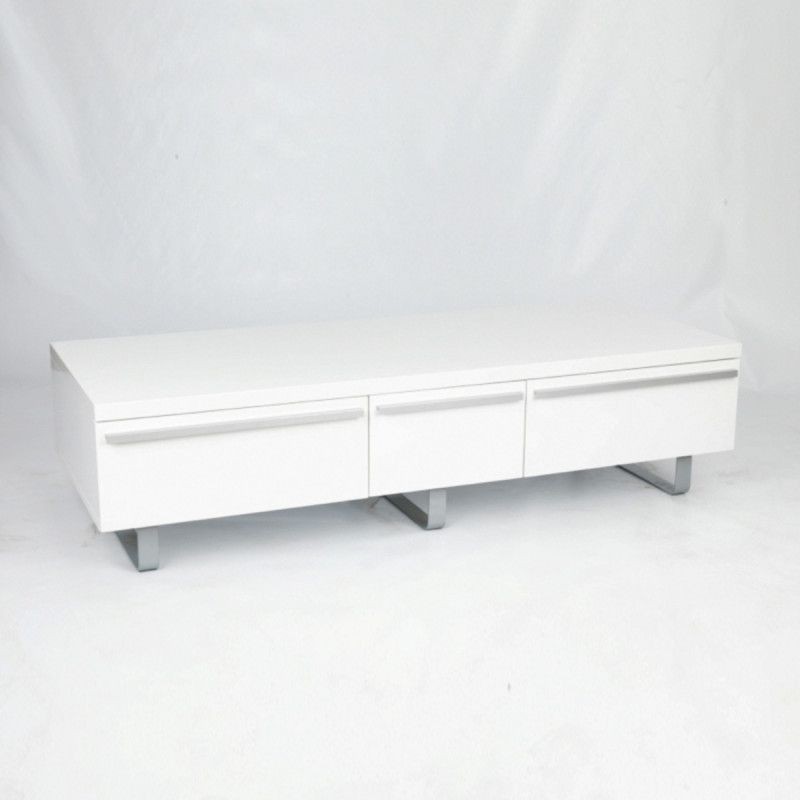Sleek white TV stand with three drawers and silver legs, designed to hold screens up to 60 inches, featuring a modern, minimalist aesthetic.