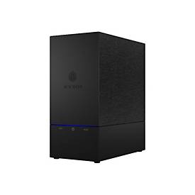 Black desktop disk array with a textured front panel, featuring a blue LED indicator and Icy Box logo, designed for efficient storage solutions.