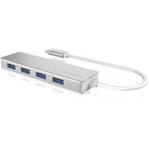 Silver USB hub with four blue USB 3.2 Gen 1 ports and a white Type-C cable, designed for high-speed data transfer up to 5000 Mbit/s.