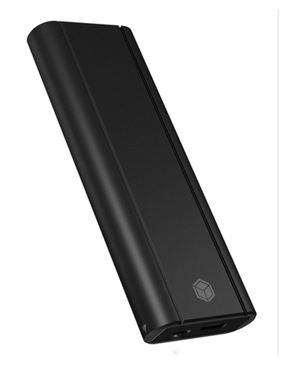 Sleek black aluminum external enclosure for 1x M.2 NVMe SSD, featuring a USB 3.2 Gen 2 Type-C® connection and a minimalist design with a subtle logo.