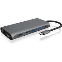 Anthracite Icy Box USB-C hub with multiple ports, including USB 3.2, HDMI, and Ethernet, sleek rectangular design.