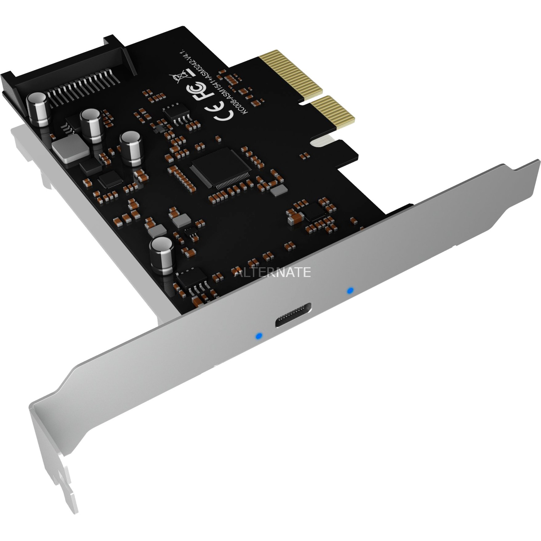 Black PCIe controller card with silver bracket, featuring USB 3.2 Type-C® port, multiple chips, and connectors for enhanced data transfer capabilities.