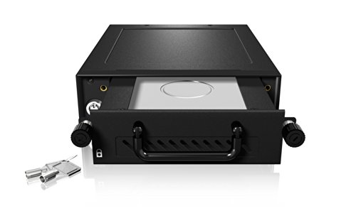 Black metal storage drive tray with a pull-out drawer, featuring a handle and key lock, designed for 13.3 cm (5.25") drives, showcasing ventilation holes and connection ports.