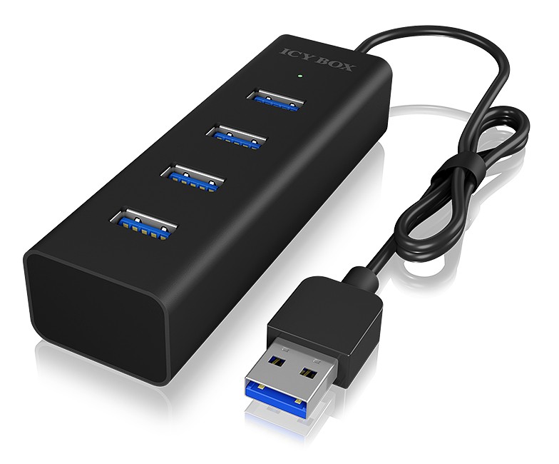 Black ICY BOX 4-port USB 3.0 hub with a sleek design, featuring four blue USB ports and a connected USB cable for easy connectivity.