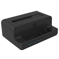 Black USB docking station with a slot for hard drives, multiple ports, and five blue LED indicator lights on the front, designed for easy data transfer and connectivity.