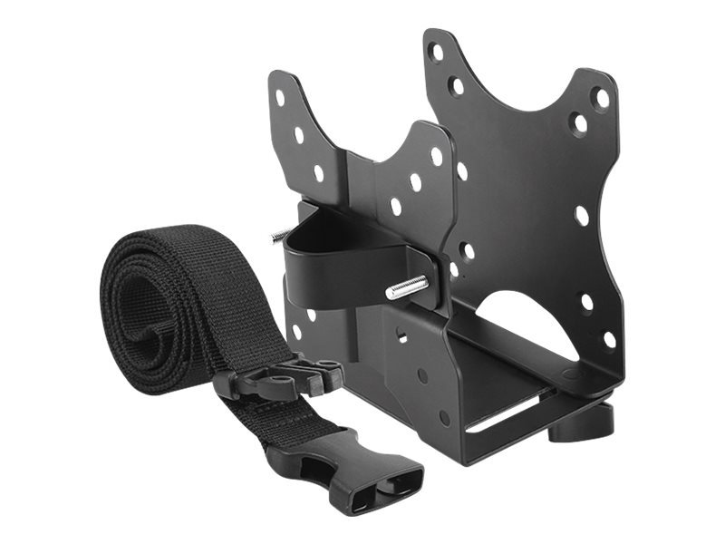 Black metal mini PC holder with multiple mounting holes, featuring a sturdy strap for secure attachment, designed for efficient space-saving and organization.
