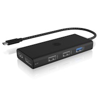 Black IcyBox 7-in-1 USB Type-C® docking station featuring triple video output ports, sleek design, and a braided cable for connectivity.
