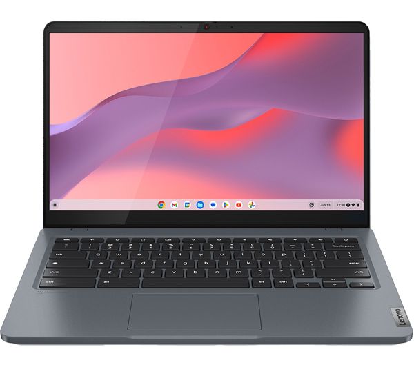 Lenovo IdeaPad Slim 3 Chromebook in sleek gray, featuring a 14-inch Full HD display, Intel Core i3 processor, 8 GB RAM, and 256 GB eMMC storage, with a modern keyboard layout.