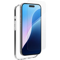 Clear case and glass screen protector for Apple iPhone 16, featuring precise cutouts and slim transparent design.