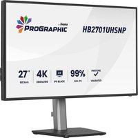 27" Iiyama ProGraphic monitor with slim bezels, black stand, 4K resolution, and vibrant display logo on top left.