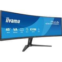 Curved 45" iiyama G-MASTER UWQHD monitor with slim bezels, black stand, and blue display showing specs.
