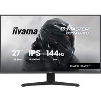 27" iiyama G-MASTER monitor with thin bezels, 144Hz refresh rate, and Black Hawk branding on a sleek black stand.