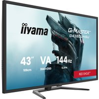 Black iiyama G-MASTER 42.5" monitor, 4K Ultra HD, LED display, slim bezel, on a V-shaped stand.