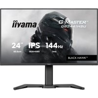 Black Iiyama G-MASTER 23.8" monitor with slim bezels, IPS display, 144Hz refresh rate, and Black Hawk branding.