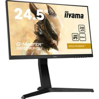 Black iiyama G-MASTER 24.5" monitor with slim bezels, angular stand, and "Gold Phoenix" graphic on the screen.