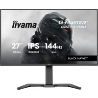 Black Iiyama 27" monitor with slim bezels, IPS display, 144Hz refresh rate, and "Black Hawk" branding.