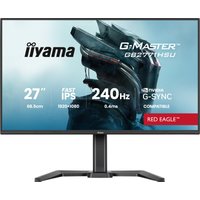 27" iiyama G-MASTER monitor, black frame, slim bezels, sturdy stand, displaying futuristic graphics.