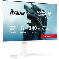 White iiyama 27" monitor with slim bezels, 1920x1080 resolution, 240Hz refresh rate, and adjustable stand.