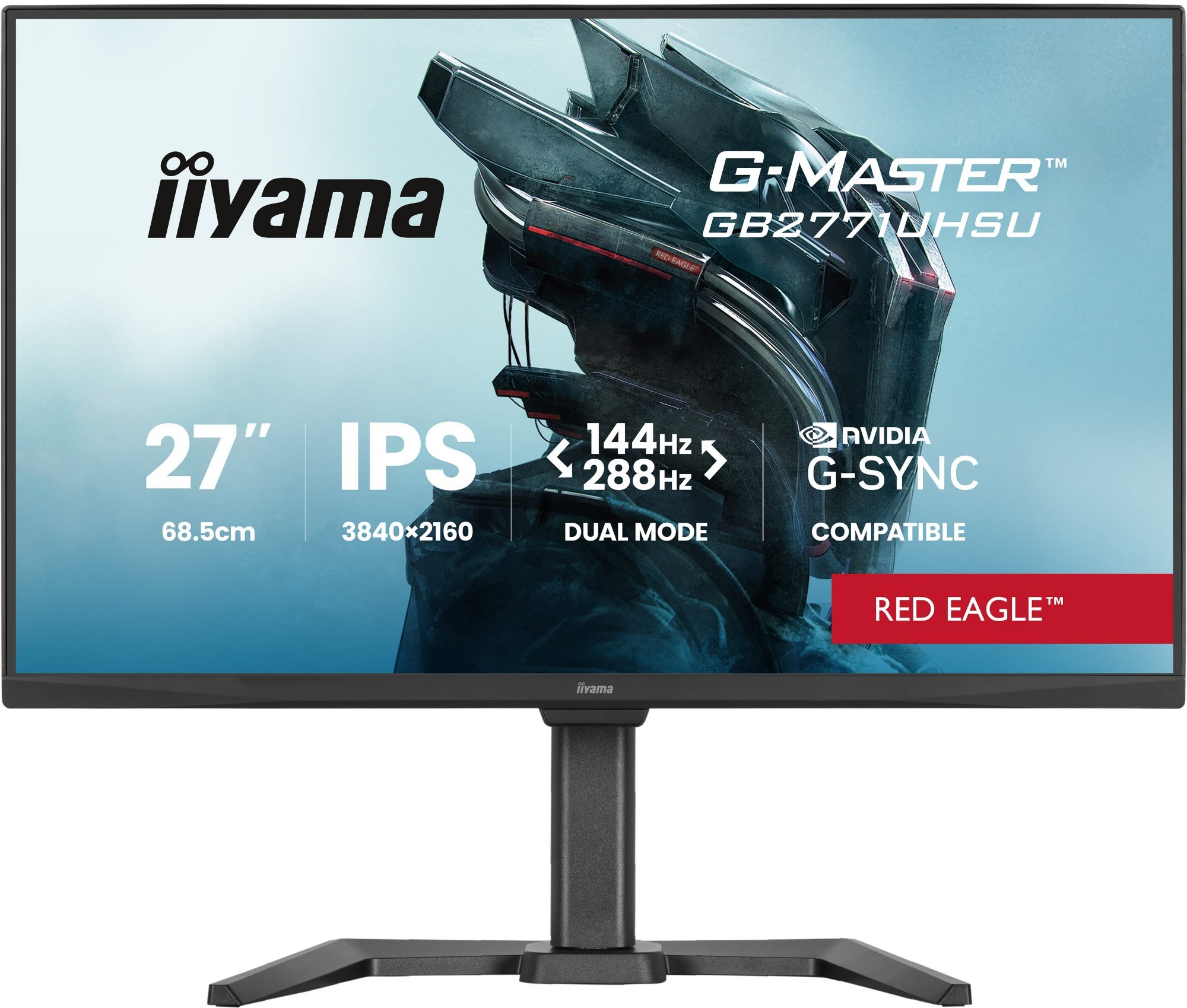 Black 27-inch Iiyama G-MASTER GB2771UHSU-B1 monitor featuring a 4K Ultra HD display, IPS panel, 144Hz refresh rate, G-SYNC compatibility, and a sleek stand.