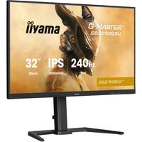 Black Iiyama G-MASTER monitor, 31.5" Quad HD, 2560x1440 pixels, sleek stand, thin bezels, gold phoenix graphic.