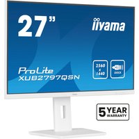 White iiyama 27" monitor with slim bezel, 2560x1440 resolution, and adjustable stand, featuring a 5-year warranty badge.