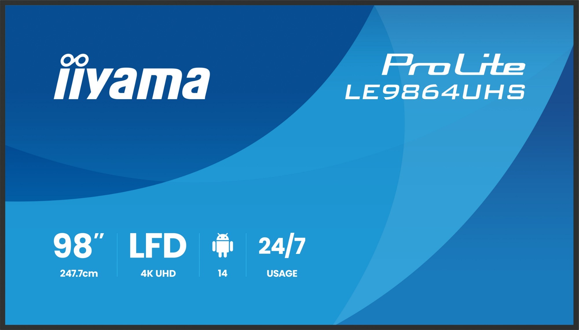Iiyama ProLite LE9864UHS-B1AG digital signage display features a sleek flat panel design, 98 inches, 4K UHD resolution, and is suitable for 24/7 usage.