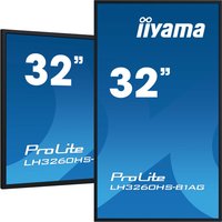 Iiyama 31.5" digital A-board signage display with black frame, blue screen, and white text branding.