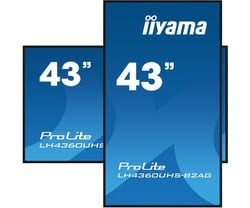 Iiyama LH4360UHS-B2AG digital signage display featuring a sleek black frame, 43-inch screen, and vibrant blue branding, ideal for advertising and information display.