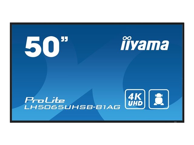 125-inch Iiyama LH5065UHSB-B1AG digital signage display with a sleek black frame, featuring a vibrant blue background and clear 4K UHD resolution graphics.