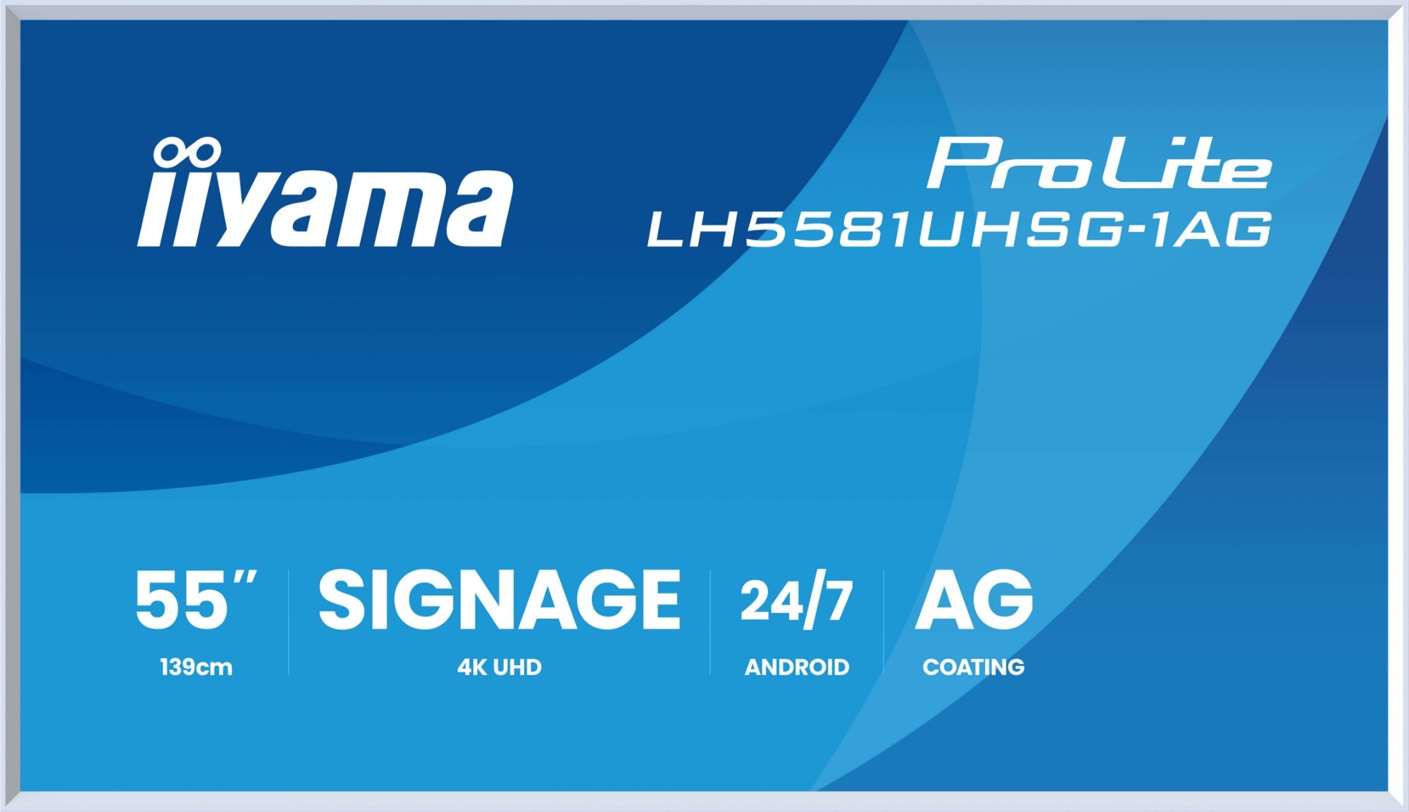 Iiyama LH5581UHSG-1AG digital signage display features a sleek flat panel design with a blue and white color scheme, showcasing 4K UHD resolution and 24/7 operation capability.