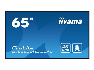 65-inch Iiyama digital signage display with a sleek black frame, featuring a vibrant blue background and clear 4K UHD resolution icons for enhanced visibility.